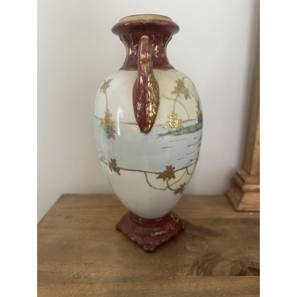 Vintage Hand Painted Double Handle Ceramic Urn Vase Made In Japan 10.5”T - Picture 4 of 7